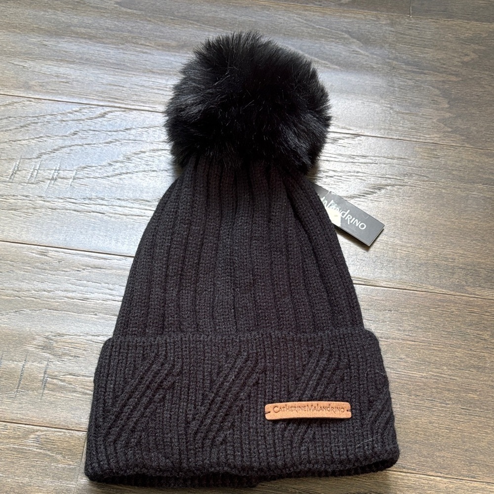 Catherine Malandrino Knit Faux Fur Pom-pom,cuffed beanie/hat,leather logo,winter